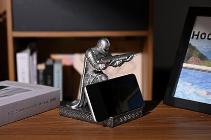 Windbreaker Soldier Knight Pen Holder Personalized Desk Accessory, Mobile Phone & Gaming Controller Holder, Device Stand Gift for Medieval Enthusiasts (Silver) - color: Silver