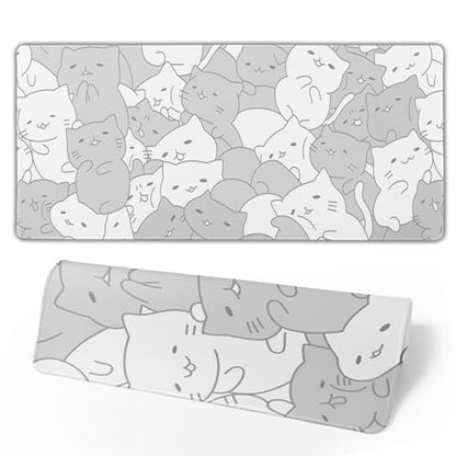 White Kawaii Cats E-Sport Mouse Pad Large Desk Mat Non-Slip Rubber Base Stitched Edge Keyboard Mouse Pad for Office Home E-Sport Computer Laptop, 31.5×11.8 Inches - color: White Kawaii Cats