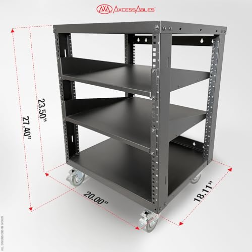 AxcessAbles 12U Open Frame Network & AV Rack with Caster Wheels, Two 2U Shelves, 10-32 & Cage Nut Compatible Rails, Cage Nuts, Screws, Cage Nut Tool & Wall Mount Kit | 19-Inch Rack - size: 12U - 2 Shelves