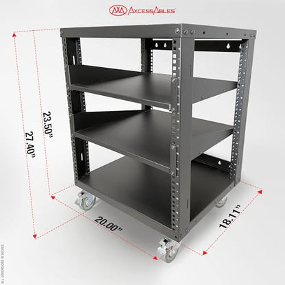 AxcessAbles 12U Open Frame Network & AV Rack with Caster Wheels, Two 2U Shelves, 10-32 & Cage Nut Compatible Rails, Cage Nuts, Screws, Cage Nut Tool & Wall Mount Kit | 19-Inch Rack - size: 12U - 2 Shelves