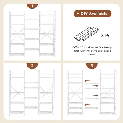SUPERJARE Triple Bookshelf, Bookcase with 14 Open Display Shelves, Wide Book Shelf Book Case for Home & Office, 5 Tier, White - color: White, size: 5 Tier