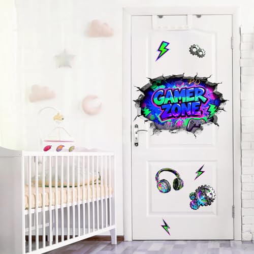 Mfault 3D Gamer Zone Broken Wall Decals Stickers, Video Game Controller Earphone Nursery Decorations Boys Bedroom Art, Cool Gear Lightning Kids Teen Men Gaming Room Playroom Home Decor