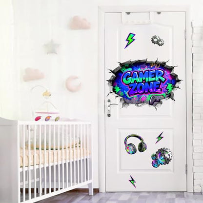 Mfault 3D Gamer Zone Broken Wall Decals Stickers, Video Game Controller Earphone Nursery Decorations Boys Bedroom Art, Cool Gear Lightning Kids Teen Men Gaming Room Playroom Home Decor