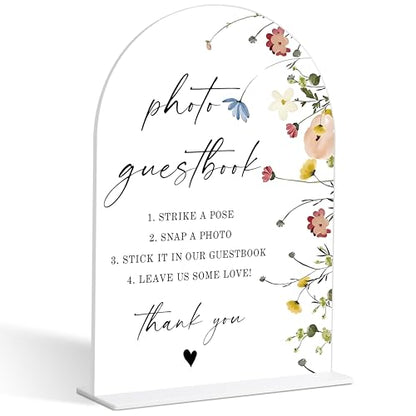 Photo Guest Book Sign, Wedding Guest Book Alternative, Flower Style Bridal Shower Signs for Engagement, Bridal Shower and Reception, Wedding Shower Favors, 6X8 Inch Acrylic Arch Sign with Stand,34 - color: Photo Guest,34