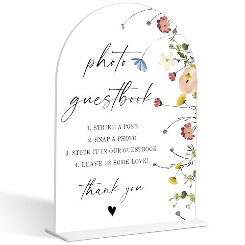 Photo Guest Book Sign, Wedding Guest Book Alternative, Flower Style Bridal Shower Signs for Engagement, Bridal Shower and Reception, Wedding Shower Favors, 6X8 Inch Acrylic Arch Sign with Stand,34 - color: Photo Guest,34