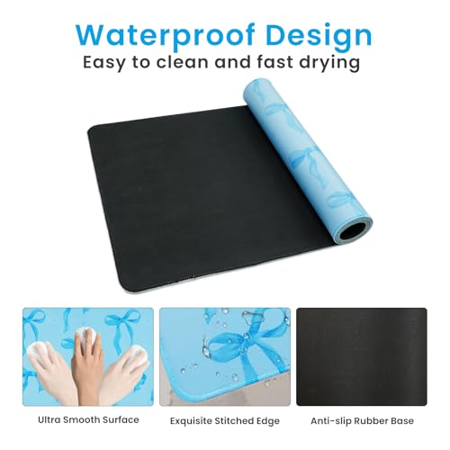 Blue Bows Desk Mat, Large Mouse Pad with Light Blue Background, Girly Computer Mat Keyboard Mat Cute Blue Office Pad for Desktop, Non-Slip Rubber Base, Stitched Edge Laptop Pad for Girls 31.5 x 11.8in - color: Blue, size: 31.5" x 11.8"