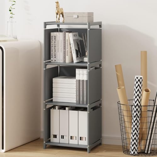RIIPOO Book Shelf, 3-Cube Storage Organizer, Metal & Fabric Bookcase for Small Spaces, Bedroom, Living Room - style: 3-Cube