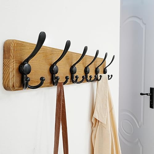 Dseap Coat Rack Wall Mounted - 24" Long 6 Tri Hooks, Heavy Duty Wooden Wall Coat Hanger Coat Hook for Clothes Hat Jacket Clothing, Weathered Yellow and Black - color: Weathered Brown & Black, size: L=24"
