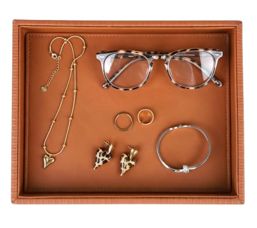 HofferRuffer Faux Leather Vanity Tray, Elegant Desktop Storage Organizer, Decorative Catchall for Perfume, Bathroom Valet, Nightstand or Dresser, 10.2 x 8.4 x 1.8 inches (Brown Stripe) - color: Brown Stripe, size: 10.2" x 8.4" x 1.8"