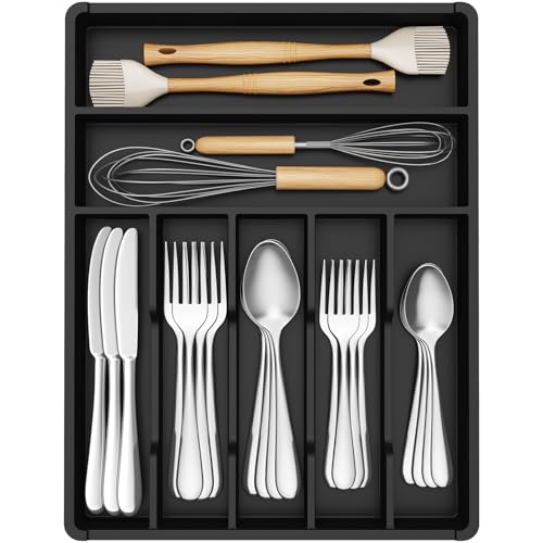 Lifewit Silverware Drawer Organizer Tray, Plastic Cutlery Storage for Kitchen, Flatware and Utensil Holder Divider for Spoons Forks Knives Tableware, 12.3 x 16", 7 Slots, Black - color: Black, size: 12.3 x 16 inch (7 Slots)