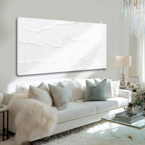 WINKAILIN White Abstract Textured Wall Art Modern 24x48 inch Canvas Ocean Wave Artwork Minimalist Hand-drawn Painting Contemporary White Posters Print for Living Room Bedroom Office Décor - color: White, size: 48"L x 24"W