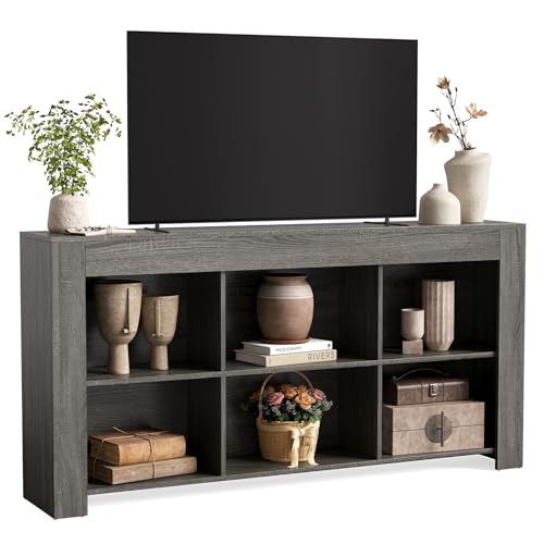 LITTLE TREE TV Stand with Storage, 63-Inch Entertainment Center with Shelves, Modern Media Console for Television up to 65" for Living Room, Bedroom, Grey + Black - color: Grey + Black
