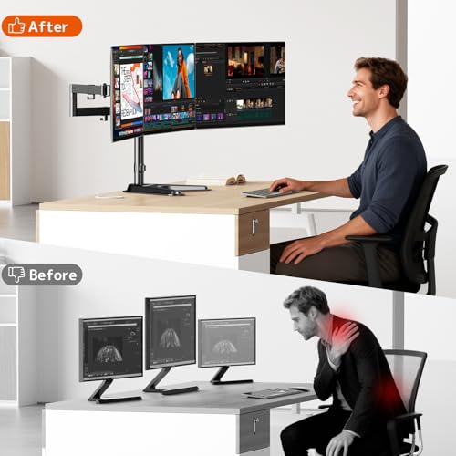 Triple Monitor Stand, Full Motion Adjustable Arm Fits 3 Screens up to 27 inch, Free Standing Desk Stand with Base and Cable Management, 22 lbs Weight Capacity per Arm, 75/100 mm VESA, Black - size: Triple Arms