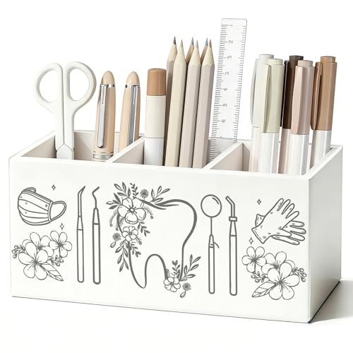Dentist Gifts Pen Pencil Holder for Desk, Dental Hygienist Gifts for Women, Dental Assistant Gift, Dentist Floral Wooden Box Sign Decorations for Office Workplace Desk Tabletop - color: Dentist(white)