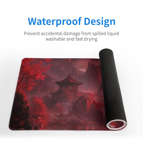 Red Landscape Mouse Pad 31.5x11.8 Inch Red Full Desk Japanese Mousepad Extended Large Non-Slip Rubber Base Waterproof Big Keyboard Mat with Stitched Edges for Gaming and Office - color: Red Landscape