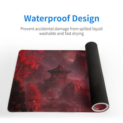 Red Landscape Mouse Pad 31.5x11.8 Inch Red Full Desk Japanese Mousepad Extended Large Non-Slip Rubber Base Waterproof Big Keyboard Mat with Stitched Edges for Gaming and Office - color: Red Landscape