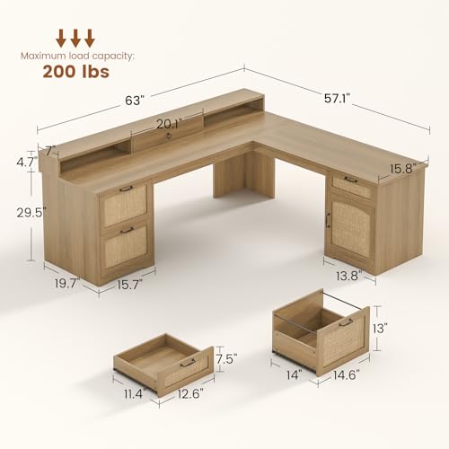 SEDETA 63" Rattan L Shaped Desk with Drawers, Farmhouse Corner Computer Desk, Wood Office Desk with File Drawers with Storage, Executive Desk with Monitor Stand and Storage Cabinet, Oak - color: Oak, size: L Shaped Desk (63")