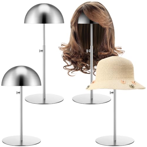 Sintuff 4 Pcs Hat Display Stand:adjustable 7.9-15.7inch Wigs Head Holder Stand Non Slip Stainless Steel Metal Rack for Multiple Hats Wig Storage Styling Practice(Silver,Round Base) - color: Silver, style: Round Base