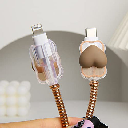 Compatible with iPhone 18W/20W USB-C Charger Cover Lovely 3D Love Heart Waves Clear Soft Charger Protector Cute Cable Saver for iPhone 11 12 13 14 Pro Max Fast Power Adapter, Brown 1 (5in1) - color: Brown 1 (5 in 1)