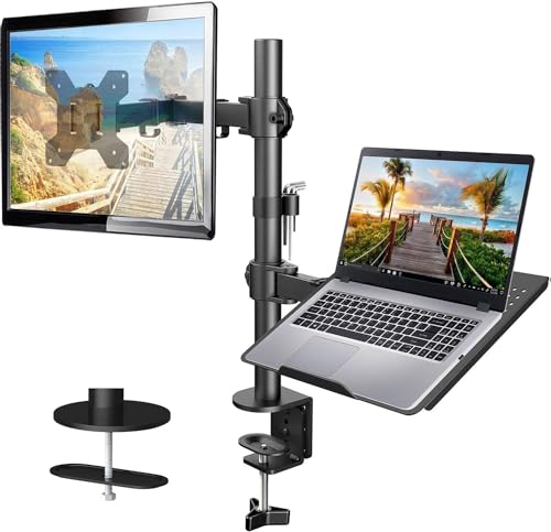 HUANUO Adjustable Monitor Arm with Laptop Tray, Single Desk Mount for 13-32" VESA Monitors up to 22 lbs, 14" x 12" Laptop Tray