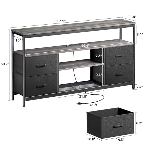 Huuger TV Stand Dresser with Power Outlets and LED Lights, 4 Drawers Entertainment Center with Shelves, 54in Media Console for 55 60 Inch TV, Dresser with PU Finish, Grey and Black - color: Grey and Black, size: 54 Inches