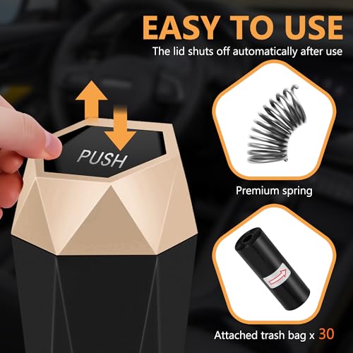 Car Trash Can with Lid - 2-Pack, Interior Accessories for Vehicles, Leakproof Garbage Can with 30 Detachable Trash Bags, Multipurpose Organizers and Storage Solutions for Home and Office - color: Gold-2Pcs