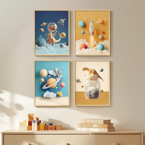 Framed Outer Space Themed Wall Art for Kids Room, 4 Piece Planets Rocket Canvas Wall Art Prints, Whimsical Space Decor for Nursery and Kids Bedroom, 11x14 Inch - color: 4 Pieces-Dinosaur, size: 11"W x 14"H x 4Pcs