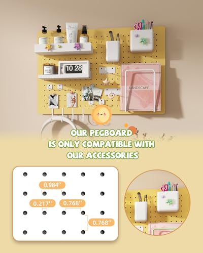 Metal Pegboard Kit — Carbon Steel Pegboards with 26 Accessories, Pegboard Wall Organizer for Home, Office, Study Room, Kitchen, Craft Room & Gaming Setup — 24″ × 16″ Yellow Peg Board - color: Yellow