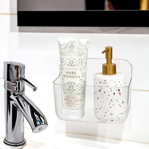 Wall Mounted Storage Organizer Bins Organizing Shelf Basket Clear Plastic Makeup Organizer Adhesive Hanging Bin Fridge Organizer for Bathroom,Kitchen,Cabinet,Pantry,Countertops (L(7×3.9×5.5")) - size: 7 × 3.9 × 5.5"