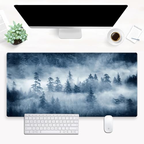 Misty Forest Desk Mat, Pine Tree Large Gaming Mouse Pad 31.5x15.7 in | Calming foggy forest nature desk pad with soft 3mm cushion, smooth fabric top, and non-slip natural rubber base. - color: Misty Forest