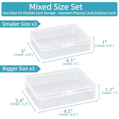 neotidy Playing Card Storage Box Set of 6, Clear Plastic Playing Card Cases with Snap Closure, Mixed Size Card Game Storage Organizer for Standard Playing Cards, Trading Cards & Small Accessories