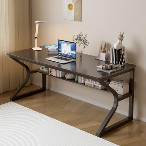 OSCHF Extra Long Desk with Bookshelf - 55" Double Long Writing Table for 2-Person Workstation, Modern Study Work Computer Desk for Home and Office, Black - color: Black, size: 55x23.6 inch