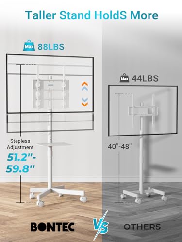 BONTEC Mobile TV Stand for 23-65 Inch TVs, Rolling TV Stand with Locking Wheels, Adjustable Height, Media Shelf, Outdoor TV Stand Max VESA 400x400mm, Holds Up to 88lbs, White - color: White, size: 23-65 Inch
