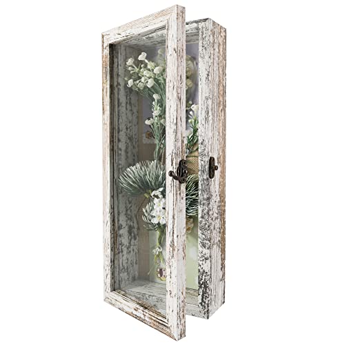 GraduationMall 5x12.5 Wood Shadow Box Frame Glass Door Display Case with Linen Back and 6 Stick Pins,1.5 inches Interior Depth,Ideal for Memorabilia Pictures Flowers Medals Tickets Rustic White - color: Rustic White, size: 5x12.5