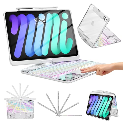 TSQQST Clear Wireless Keyboard Case for iPad mini 7 A17 Pro (2024)/ Mini 6 (2021) 8.3" w/Multi-Touch Trackpad, 7-Color Backlit, Pen Holder, 360 Rotating Case for iPad mini 7th/6th Generation, White - color: Clear+White, size: Mini7/6