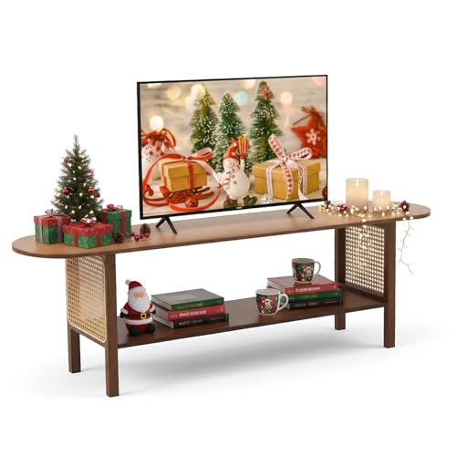 Welnow Walnut Rattan TV Stand for 65" TV, Mid Century Modern Entertainment Center with 2-Tier Open Shelves, Versatile Modern TV Console & Table for Living Room & Gaming - color: Weaving Walnut, size: 55.1"
