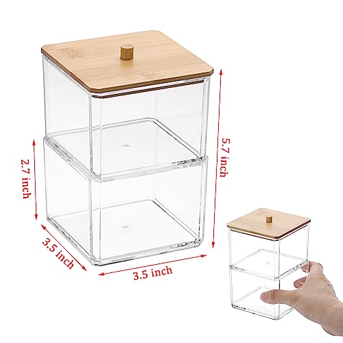 BTSKY Clear Stackable Paper Clip Holder with Bamboo Lid 2-Layer Paperclip Box Thick Acrylic Office Supply Accessory Organizer Square Small Storage Holder Cute Qtip Holder for Office Bathroom Vanity