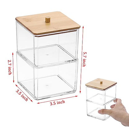 BTSKY Clear Stackable Paper Clip Holder with Bamboo Lid 2-Layer Paperclip Box Thick Acrylic Office Supply Accessory Organizer Square Small Storage Holder Cute Qtip Holder for Office Bathroom Vanity