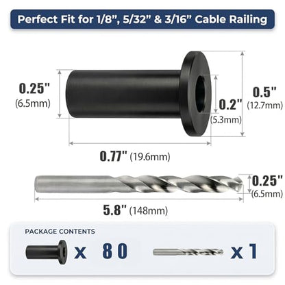Helffer 80 Pack T316 Stainless Steel Black Protector Sleeves for 1/8" 5/32" 3/16" Cable Deck Railing Kit, Wood Post Wire Rope Hardware with Drill Bit