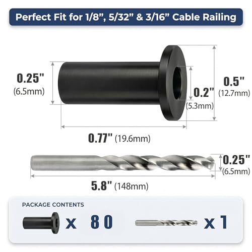 Helffer 80 Pack T316 Stainless Steel Black Protector Sleeves for 1/8" 5/32" 3/16" Cable Deck Railing Kit, Wood Post Wire Rope Hardware with Drill Bit