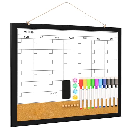 Monthly Calendar Whiteboard for Wall, 17 x 13 Inches Dry Erase Board Cork Board Combo with Wood Framed, Hanging Magnetic White Board with Markers Magnets Push Pins Eraser for Office Kitchen Home Memo - size: 17"W x 13"H, style: Wooden Frame