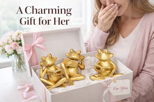 Gold Frog Figurines Set of 3 Funny Frog Gifts for Women Cute Reading Sculptures Stuff Golden Animal Statue for Book Lovers Home Decor Office Shelves Desk Living Room Table Bookshelf Literary Ornaments
