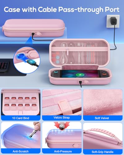 Switch 2 Case Pink and Pro Style Controllers Accessories Girly, Bundle for Nintendo Switch 2 Console,FYOUNG 23 IN 1 Kit:Carrying Case,Protective Shell,Grip for Joycon,Steering Wheel - color: Pink (2*controller)