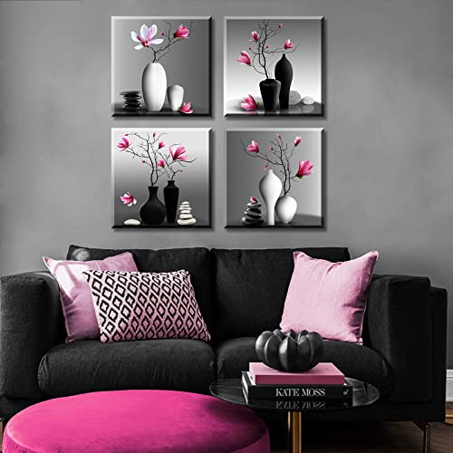 DJSYLIFE Zen Pink Magnolia Flower Canvas Wall Art, 12x12 | Set of 4, Framed, Pink Magnolia Flowers in Black and White Vases, Ideal for Bathroom, Bedroom Decor - color: Flowers-1