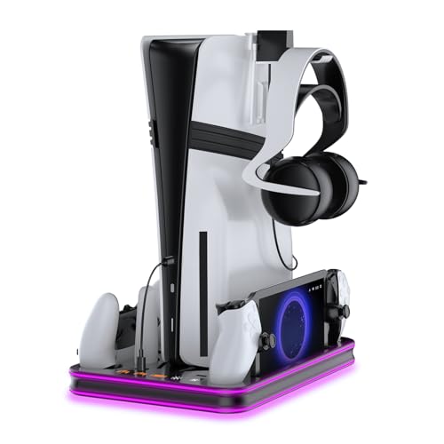 PS5 Pro/PS5 Slim/Stand and Cooling Station with LED Controller Charging Station for PlayStation 5 Slim Disc/Pro Digital Edition Console with 3 Level Cooling Fan, BlackLighting - color: Black