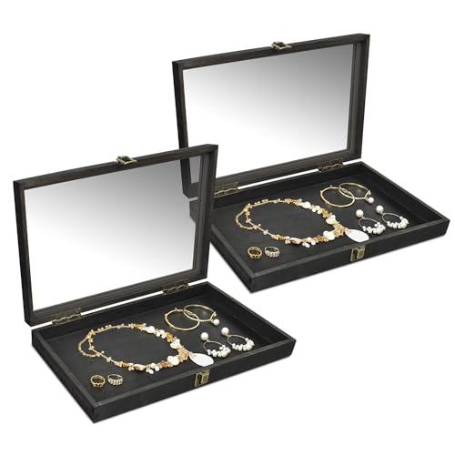 MOOCA 2 Pcs Wood Tempered Glass Top Jewelry Display Case Accessories Storage Box with Metal Clasp, Wooden Jewelry Tray for Collectibles, Pocket Knife Display Case, Black Color - color: Black, size: 2-Piece Set, 2 inch high