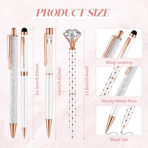 Sabary 8 Pcs White Pens with Pen Holder for Desk Glitter Crystal Diamond Cute Ballpoint Fancy Pencil Holder Bling Desk Organizer for Women Girls School Office Supplies Wedding Graduation Gifts - color: White