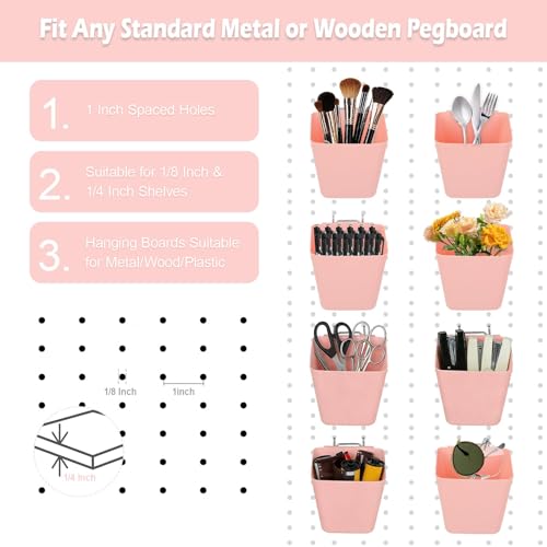 8 Pack Large Pegboard Bins with Hooks, Square Box Shape Peg Board Cups and Peg Board Accessories for Craft Room, Playroom, Office, Garage, and Wall Mount Organization (Pink) - color: Pink