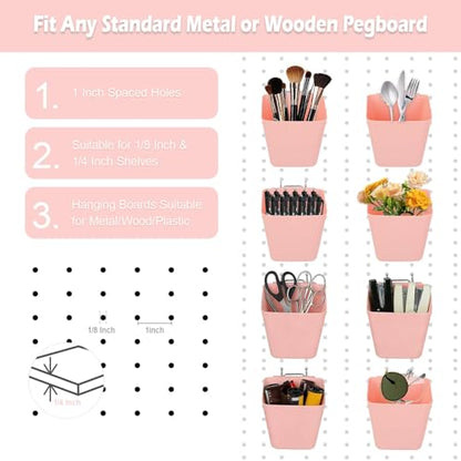 8 Pack Large Pegboard Bins with Hooks, Square Box Shape Peg Board Cups and Peg Board Accessories for Craft Room, Playroom, Office, Garage, and Wall Mount Organization (Pink) - color: Pink