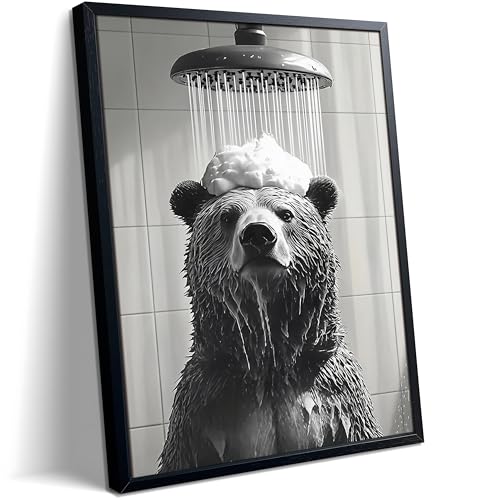 XYHYRA Funny Bear Bathroom Wall Art, Black and White Animal Shower Canvas Print Picture, Cute Bear Taking Bath Poster, Modern Farmhouse Bathroom Restroom Home Wall Decor 16x24 inch Wood Framed - color: Black and White Animation-C, size: 24"L x 16"W